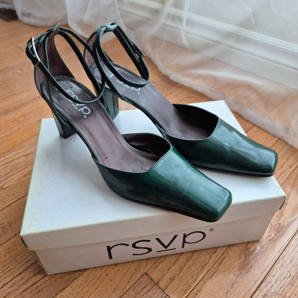 RSVP Emerald Green Leather Block Heel Pumps Square Toe Ankle Strap 10